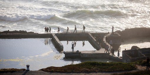 Visitors recreating in the Sutro Baths ruins