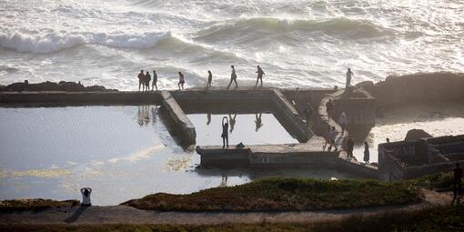 Visitors recreating in the Sutro Bath ruins