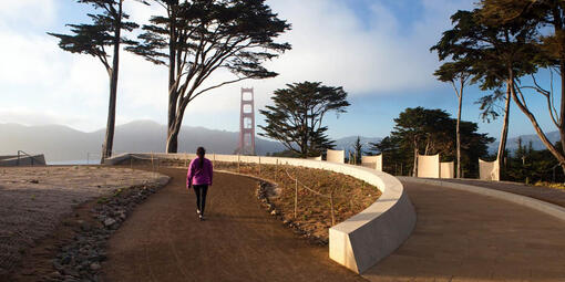 Hiker walking near the Golden Gate Overlook