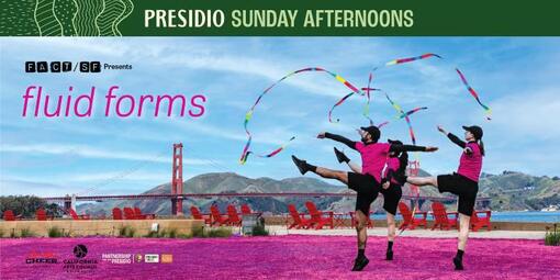 Ribbon dancers performing at the Presidio Tunnel Tops for FACT/SF Fluid Form