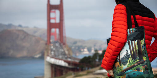 Person holds a tote bag with forest scene while gazing at the Golden Gate Bridge.