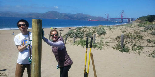 Trail Crew volunteers help install fence posts at Baker Beach.