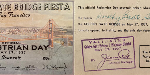 Image of ticket from Golden Gate Bridge opening day in 1937.