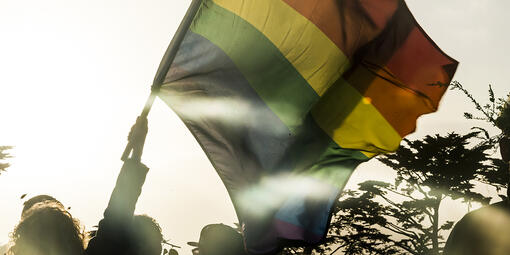 A sunset photo of the rainbow pride flag flying in the parks.