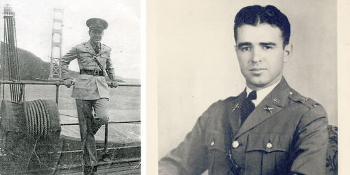 Lt. Col. Lewis Spencer Kirkpatrick standing in front of unfinished Golden Gate Bridge in 1935.