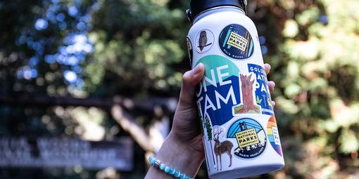 Water bottle covered in park stickers.