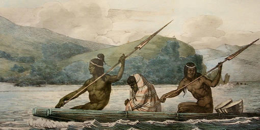 Ramaytush Ohlone in a tule boat in the San Francisco Bay, 1816.