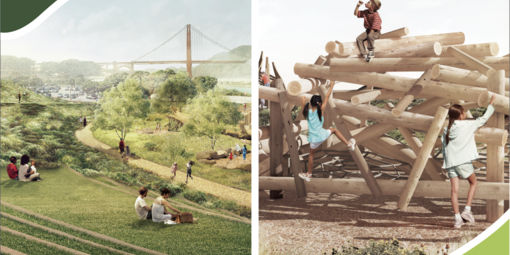 A graphic of children playing outside. The Golden Gate Bridge is visible in the background.