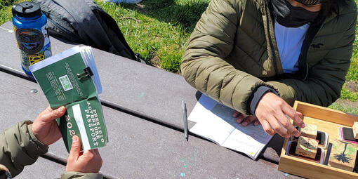 Adventure Guides sit at a park bench, stamping Presidio Adventure Passports.