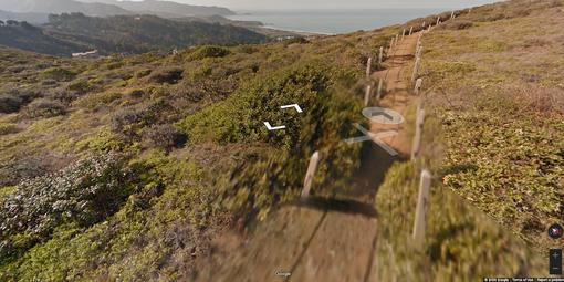 Screenshot of Google Street View on a shrubbed hillside in Milagra Ridge