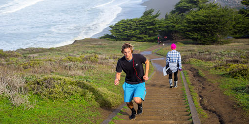 Running up the stairs at Mori Point