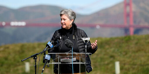 Parks Conservancy President & CEO Christine Lehnertz at a press event on Crissy Field.