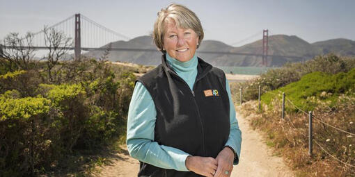 Christine Lehnertz, president and CEO of the Golden Gate National Parks Conservancy, stands at Crissy Marsh