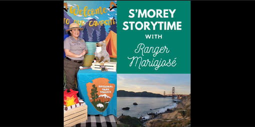 National Park Service Ranger Mariajosé presents S'morey Storytime at a virtual campsite with a plush Coyote doll.