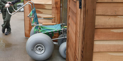 NPS Ranger pushes beach wheelchair into storage