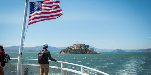 The view from the Alcatraz Cruises boat to Alcatraz Island.