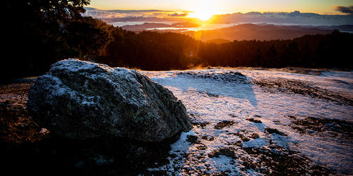 Snow on a boulder on mount tam at sunrise.