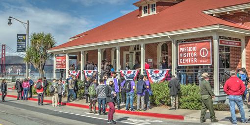 In February 2017, park visitors and members of the community gathered for the opening of the new William Penn Mott, Jr. Presidio Visitor Center. The new center is located on the Main Post, in view of the Golden Gate Bridge