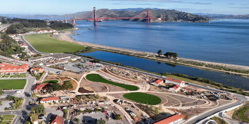 An aerial view of Presidio Tunnel Tops, connecting the Presidio to Crissy Field and the Golden Gate.