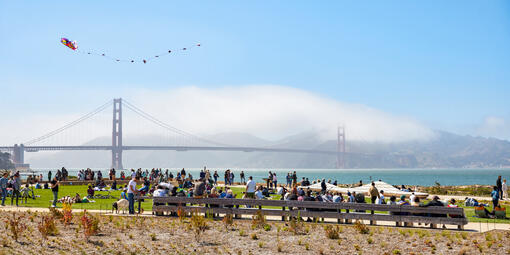 The Golden Gate Bridge spans the scenic view from the Tunnel Tops on a beautiful opening day.