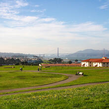 Visitors enjoying the Fort Mason lawn