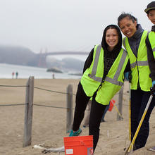 Volunteers participating in a beach cleanup