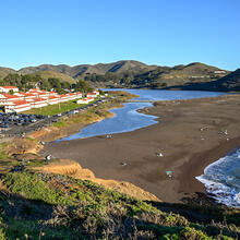 Scenic landscape view of Fort Cronkhite, Rodeo Beach, and the Marin Headlands.