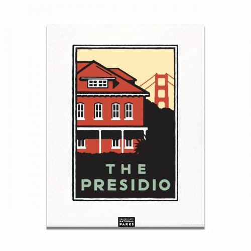 Michael Schwab graphic of the Presidio's Main Post with the Golden Gate Bridge