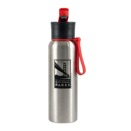 One side of a stainless steel water bottle featuring the "Golden Gate National Parks" Michael Schwab image outlined in black