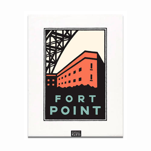 Schwab graphic of Fort Point below the Golden Gate Bridge