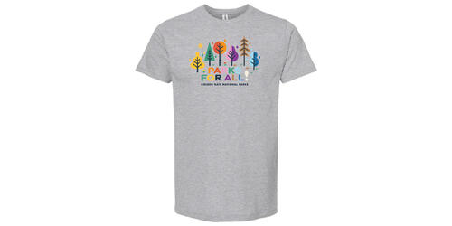 Colorful t-shirt with illustrated tree graphics and PARKS FOR ALL! text.
