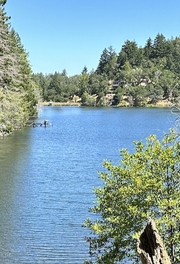 Blue lake flanked on boteh sides by green forest