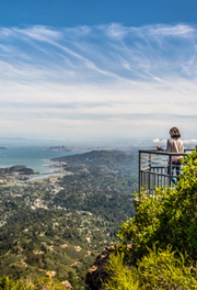 A hiker looks out over the bay from Mount Tamalpais East Peak.