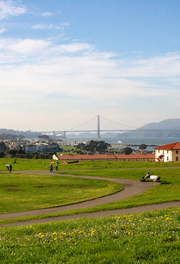 Visitors enjoying the Fort Mason lawn